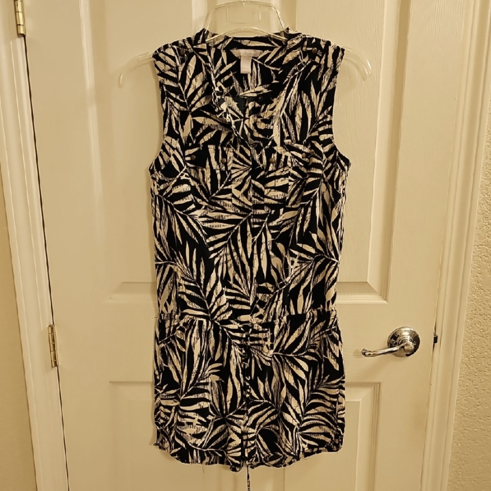 Banana Republic Black and Cream Leaf Print Romper